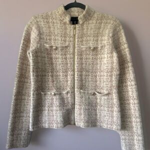 Adrienne Vittadini Cream and Tan Tweed Zip Cardigan